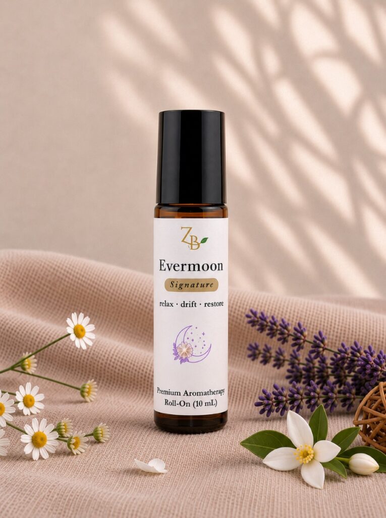 Evermoon aromatherapy roll-on beside chamomile, lavender and white flowers on soft neutral fabric