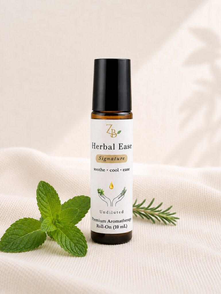 Herbal Ease aromatherapy roll-on beside fresh peppermint and rosemary on soft neutral fabric