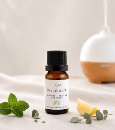 10ml amber diffuser bottle with various botanicals and a diffuser in background