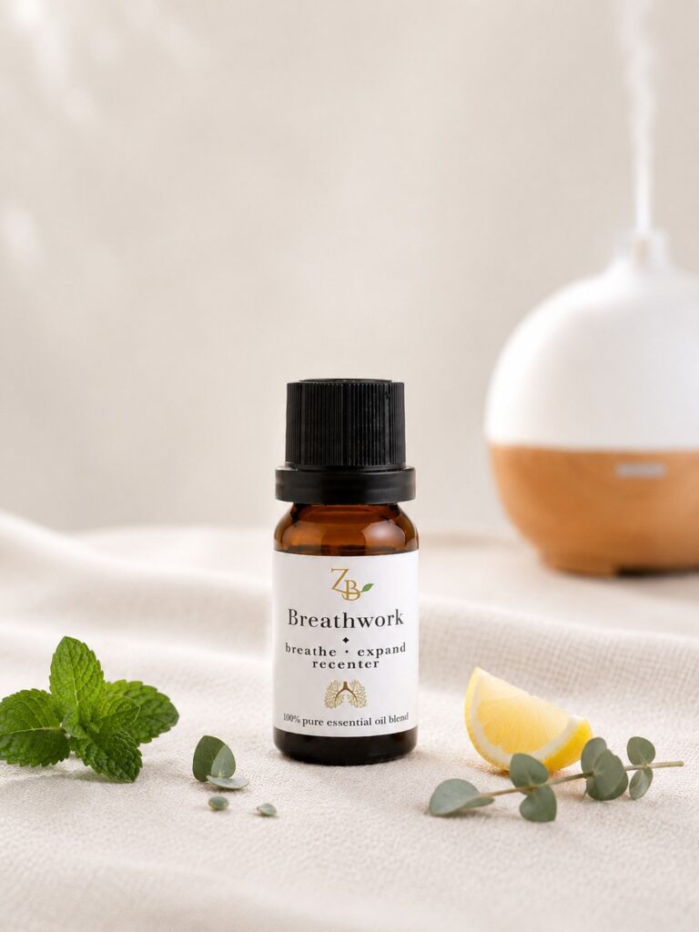 10ml amber diffuser bottle with various botanicals and a diffuser in background