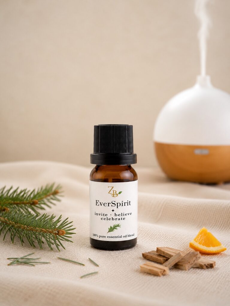 10ml amber diffuser bottle with pine, orange slice and wood pieces with diffuser in background