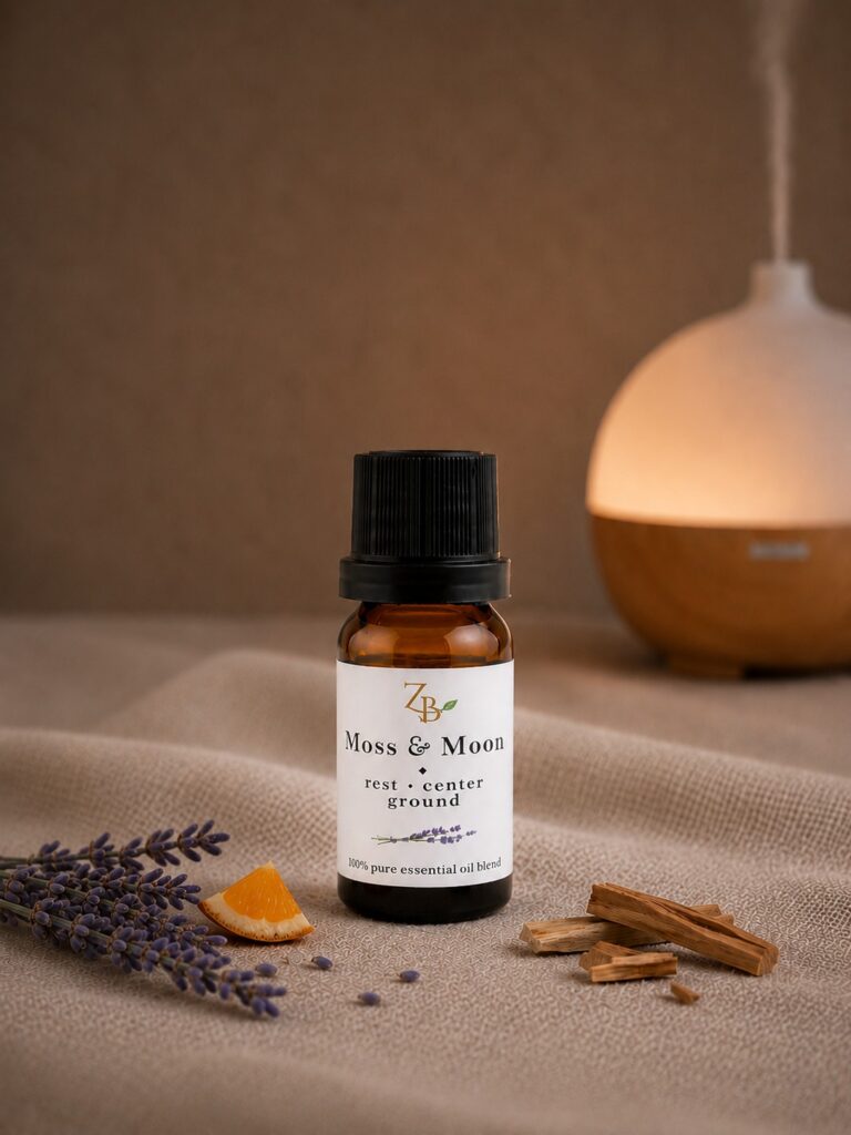 10ml amber diffuser bottle with lavender orange and wood and diffuser in background