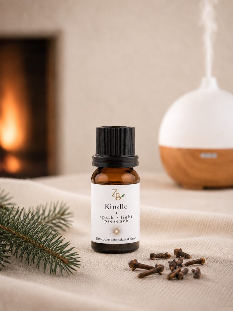 10ml diffuser bottle with pine and clove with diffuser and fireplace in background