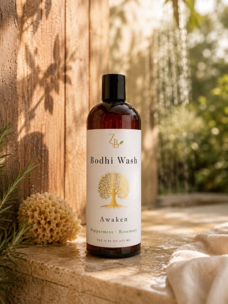 Bodhi Wash Awaken peppermint and rosemary body wash in a 16 oz amber bottle beside an outdoor shower