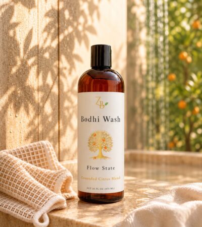 Flow State body wash with sisal washcloth in shower scene