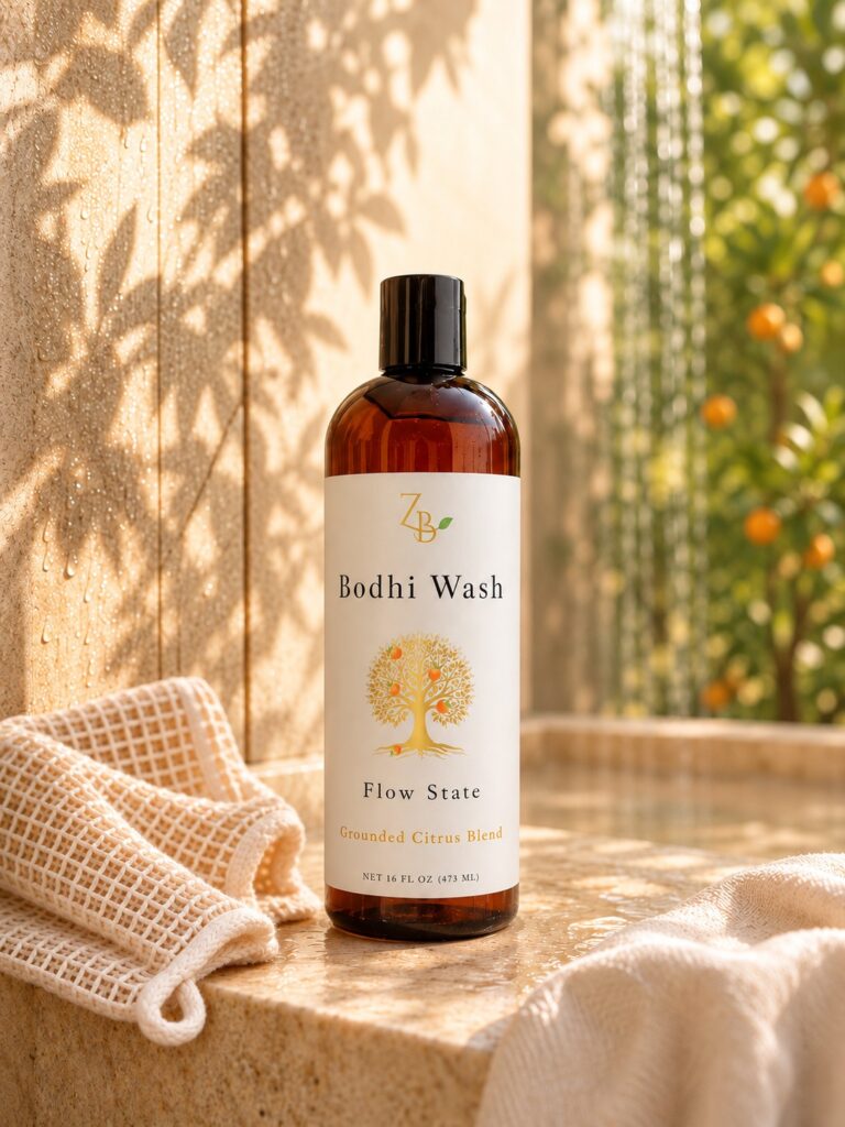 Flow State body wash with sisal washcloth in shower scene