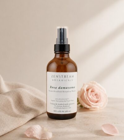 amber spray bottle with soft pink rose in background and loose rose petals