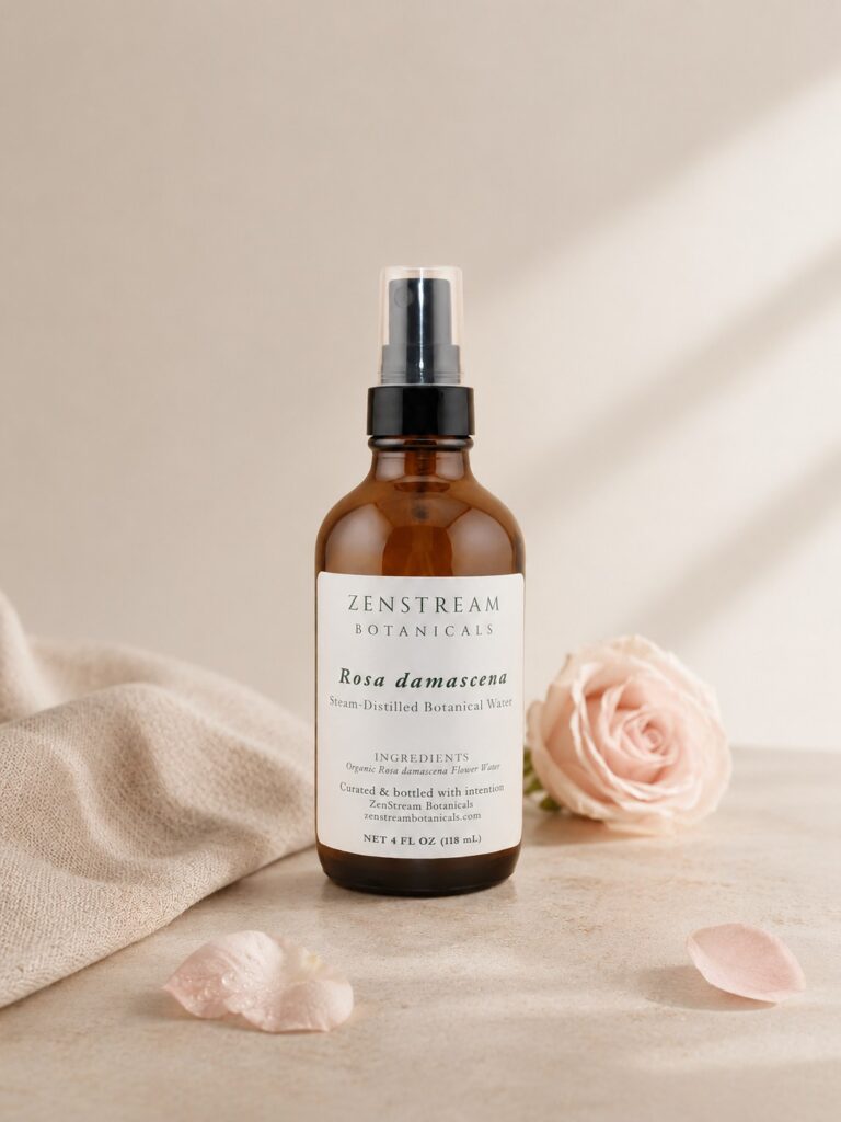 amber spray bottle with soft pink rose on linen background and loose rose petals