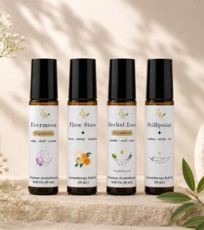 A variety of four amber 10ml aromatherapy roll on bottles