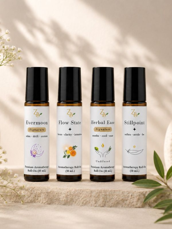 A variety of four amber 10ml aromatherapy roll on bottles