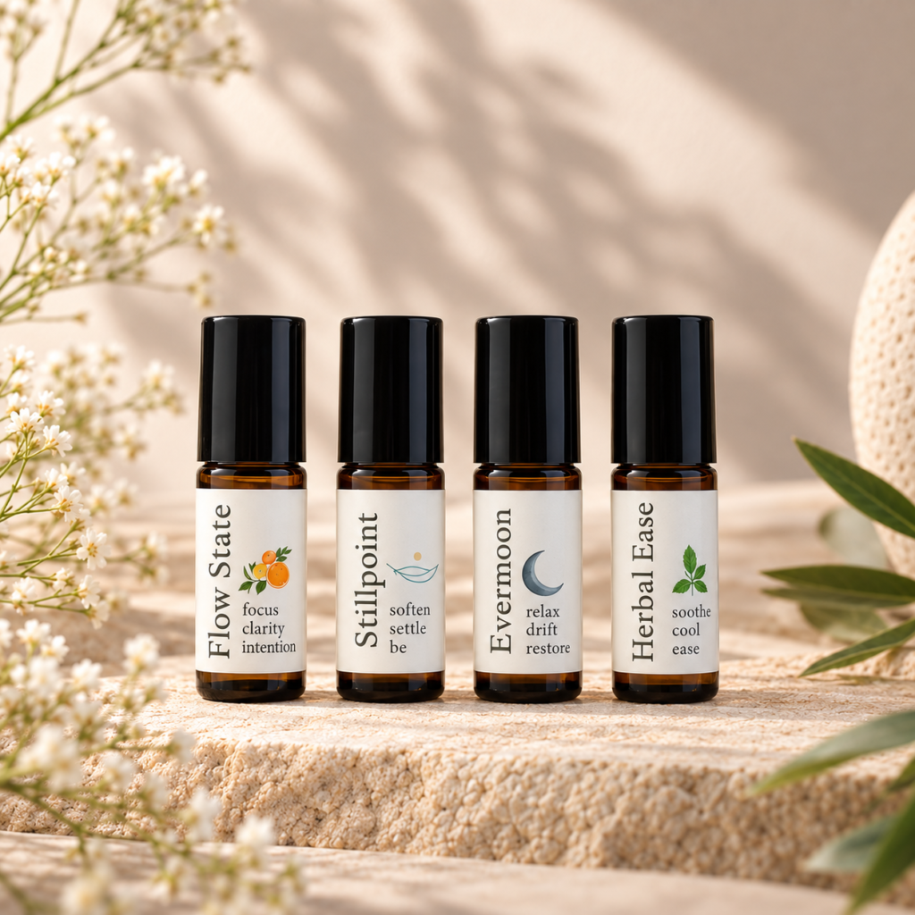 ZenStream Botanicals Intention Collection Discovery Set with four 5 mL aromatherapy roll-on minis.