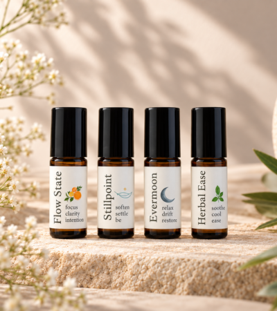 ZenStream Botanicals Intention Collection Discovery Set with four 5 mL aromatherapy roll-on minis.