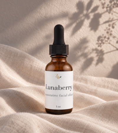 1 oz amber bottle of lunaberry restorative facial oil