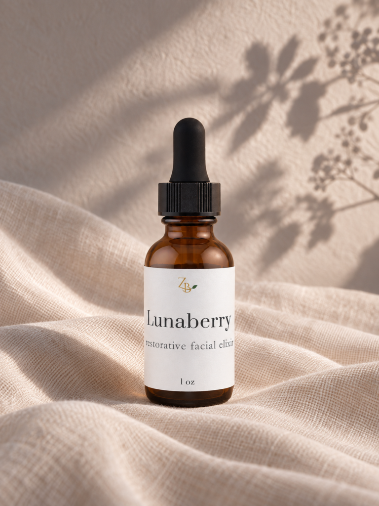 1 oz amber bottle of lunaberry restorative facial oil