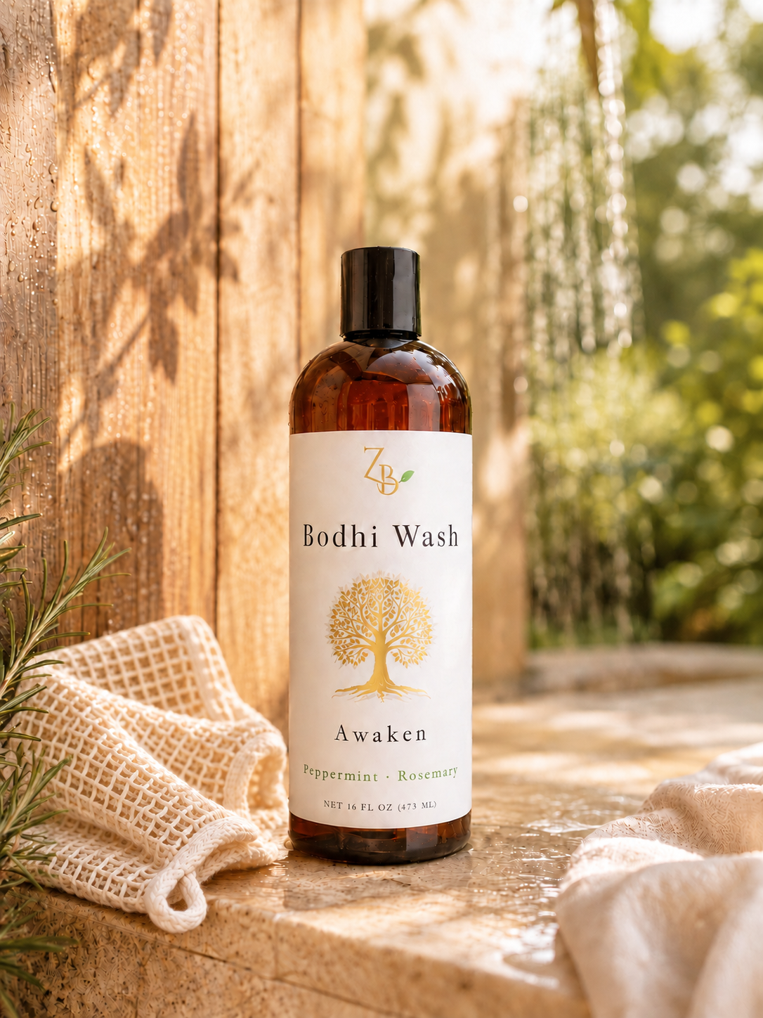 Awaken body wash in shower scene with sisal washcloth