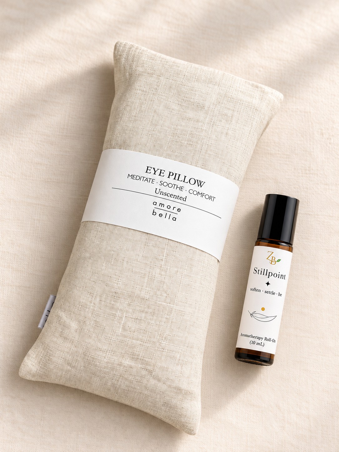 Unscented linen eye pillow with Stillpoint aromatherapy roll-on