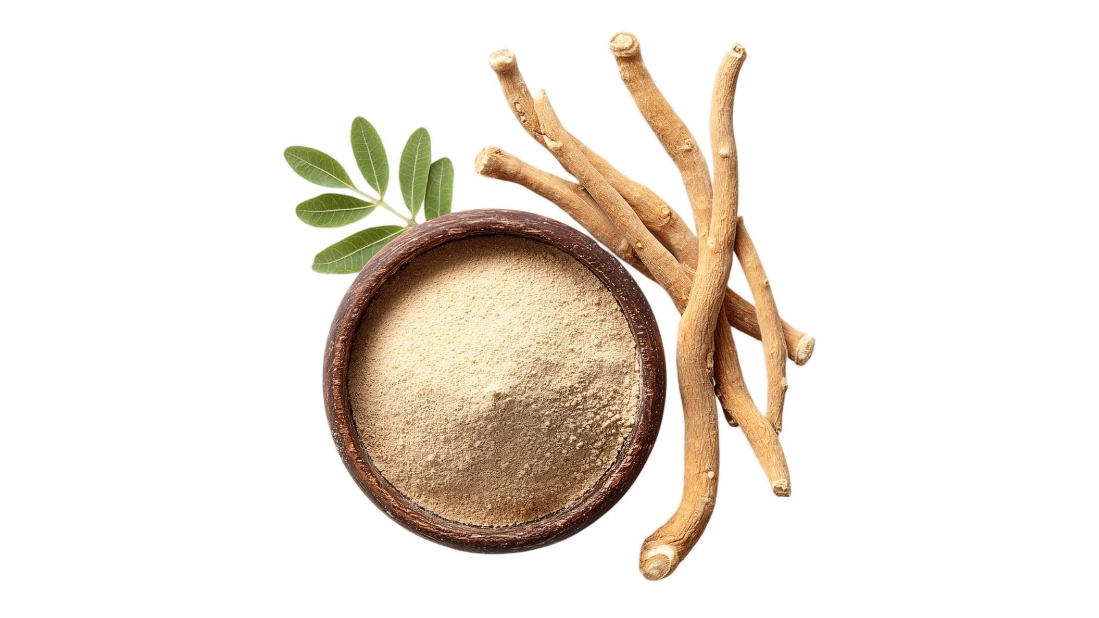 Wooden bowl of marshmallow root powder beside dried marshmallow roots