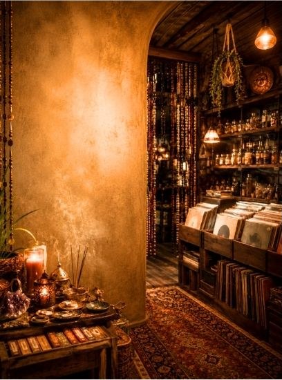 Warm, lamp-lit vintage shop with incense, records, and apothecary bottles