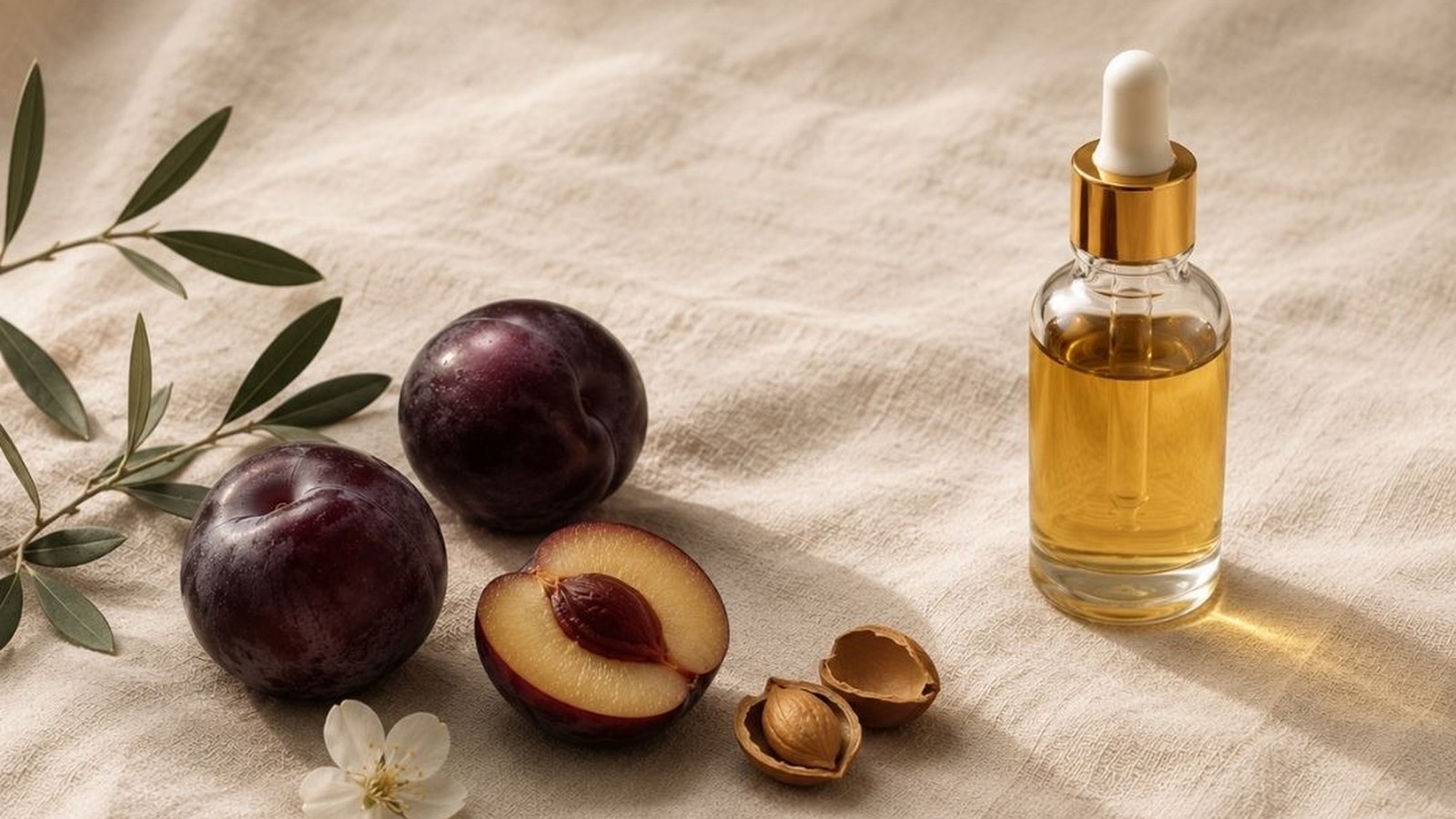Ripe plums, a halved plum showing its pit, and a dropper bottle of golden plum kernel oil on linen