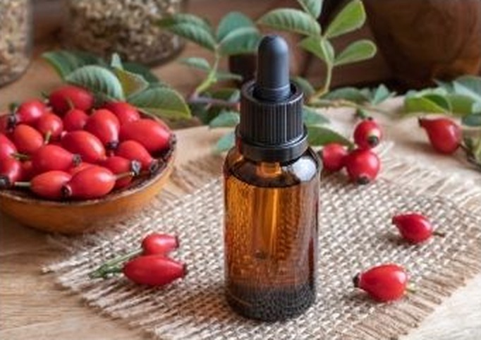 Amber dropper bottle of rosehip oil with a bowl of fresh rosehips