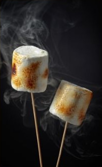 Two toasted marshmallows on sticks against a dark background
